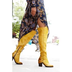 FREE PEOPLE AUBURN TALL OVER THE KNEE BOOTS MUSTARD YELLOW LEATHER SZ 39 US 8